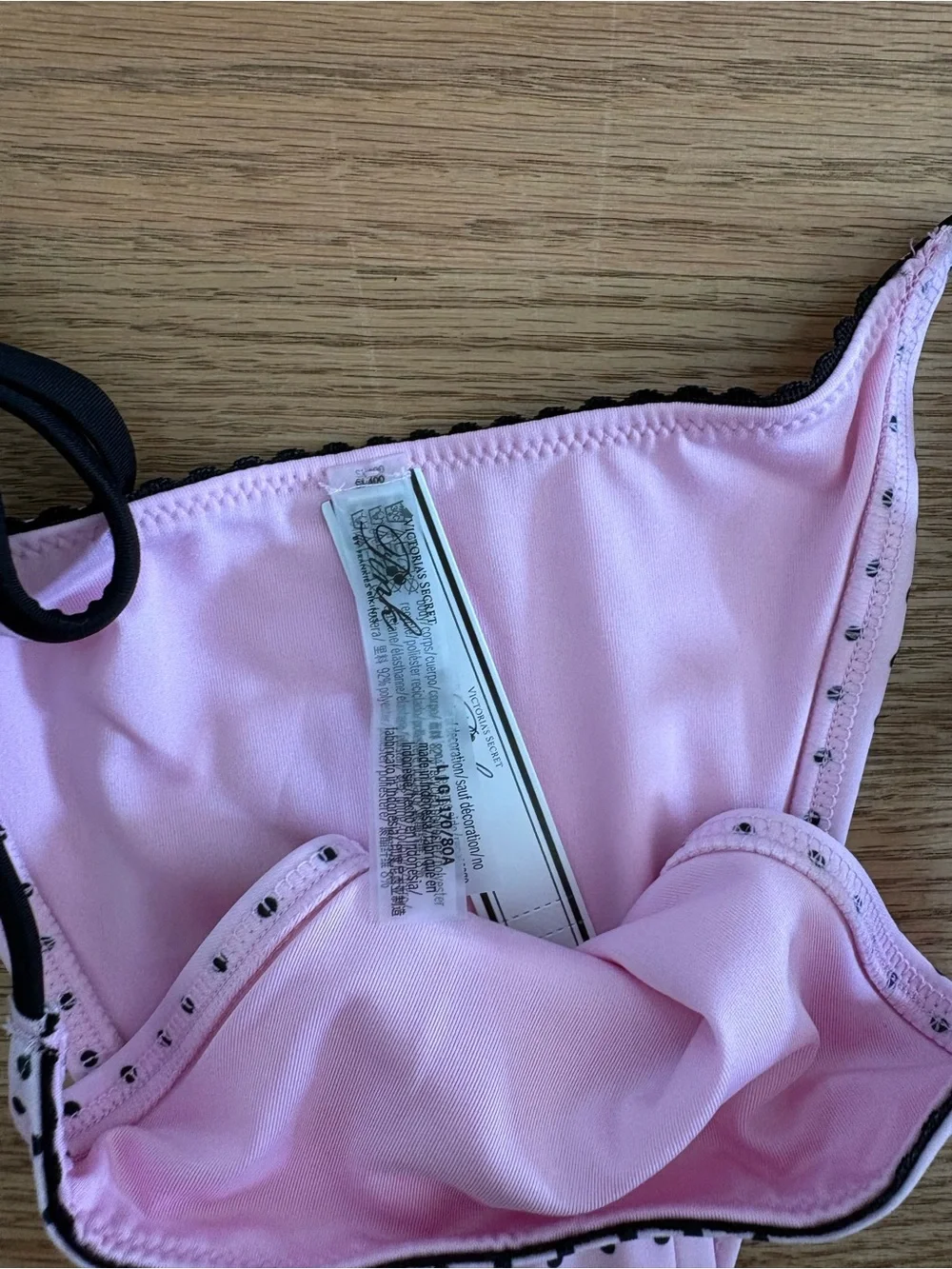 Frankie’s bikinis Pink Polka Dot Tie-Bikini with Black Trim